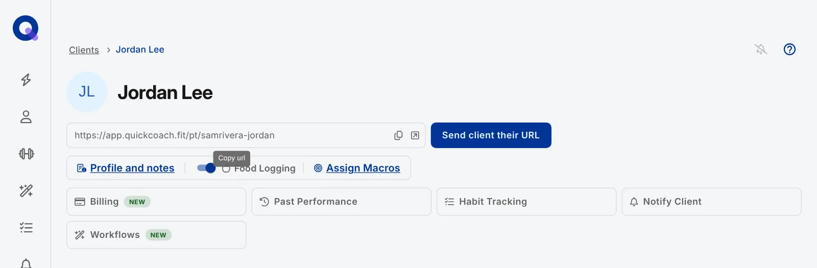 The top of a client's page with the client link box, the Send client their URL button, and tiles for Billing, Past Performance, Habit Tracking, Notify Client and Workflows