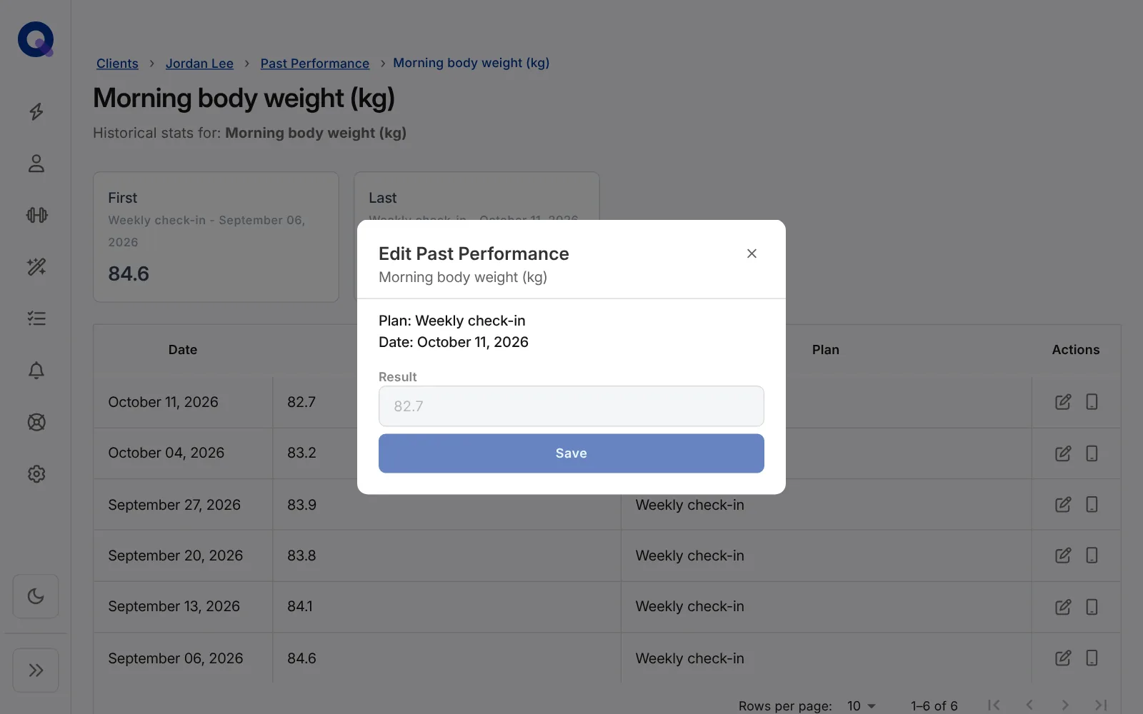 The Edit Past Performance dialog for Morning body weight (kg), showing the plan Weekly check-in, the date October 11, 2026, a Result field set to 82.7 and a Save button