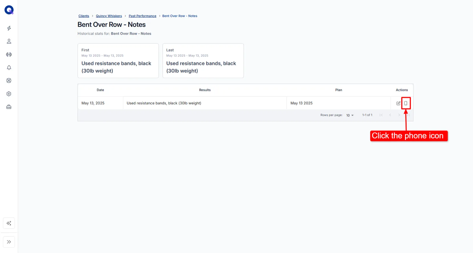 A task history page with an arrow pointing to the phone icon in the Actions column