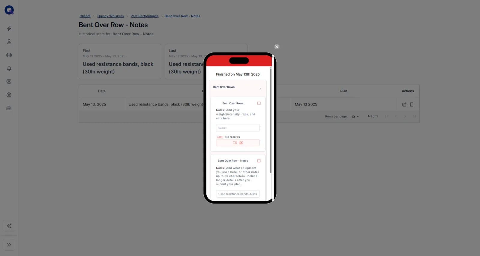 A phone preview of a completed plan showing tasks and the client's logged results