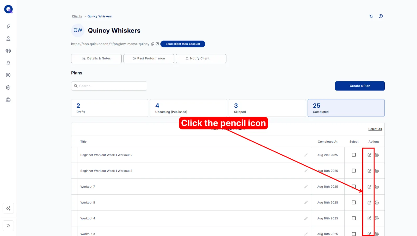 The Completed plans tab with an arrow pointing to the pencil icon in the Actions column