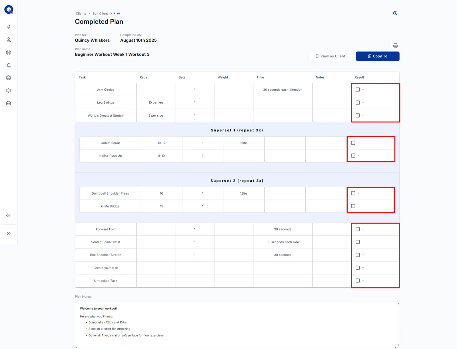 A completed plan view with the Result column highlighted and Plan Notes below