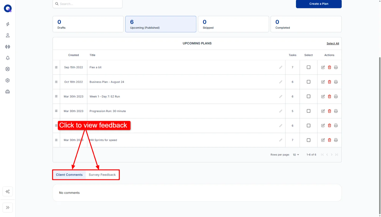 A client dashboard scrolled to the Client Comments and Survey Feedback tabs
