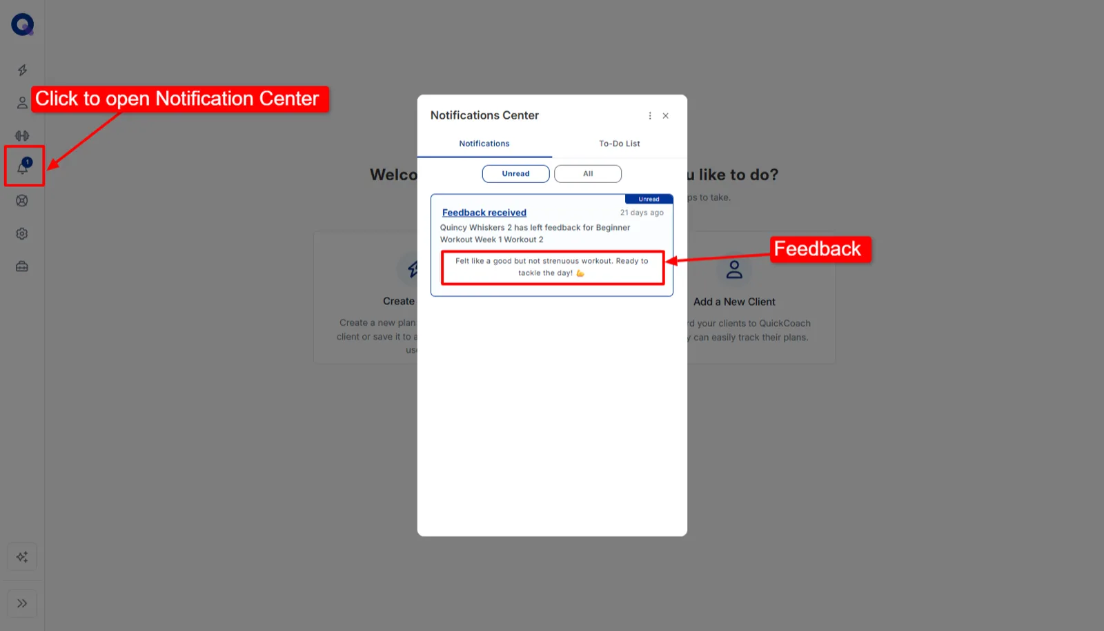 The Notification Center open over the coach home page, listing recent client feedback