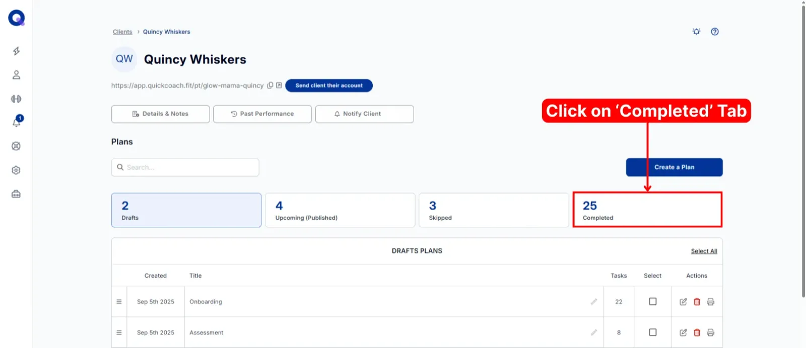 The Completed tab inside a client's account, listing finished plans