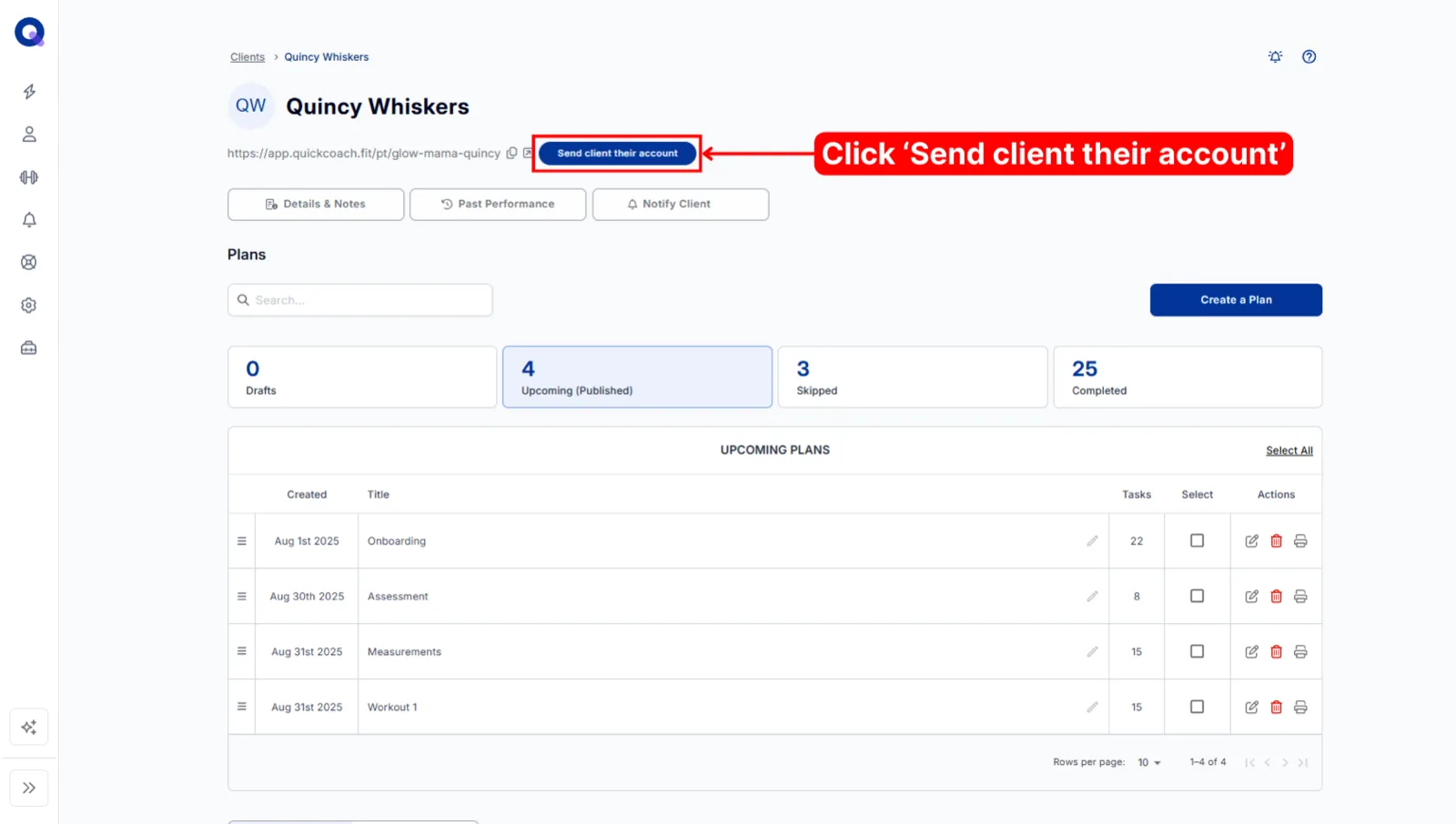 A client's account page with the Send client their account button highlighted