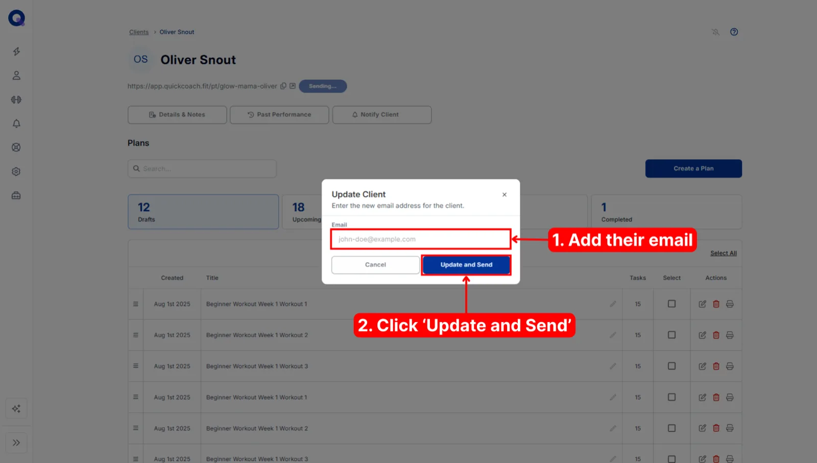 The pop-up asking for a client email address before sending the account link