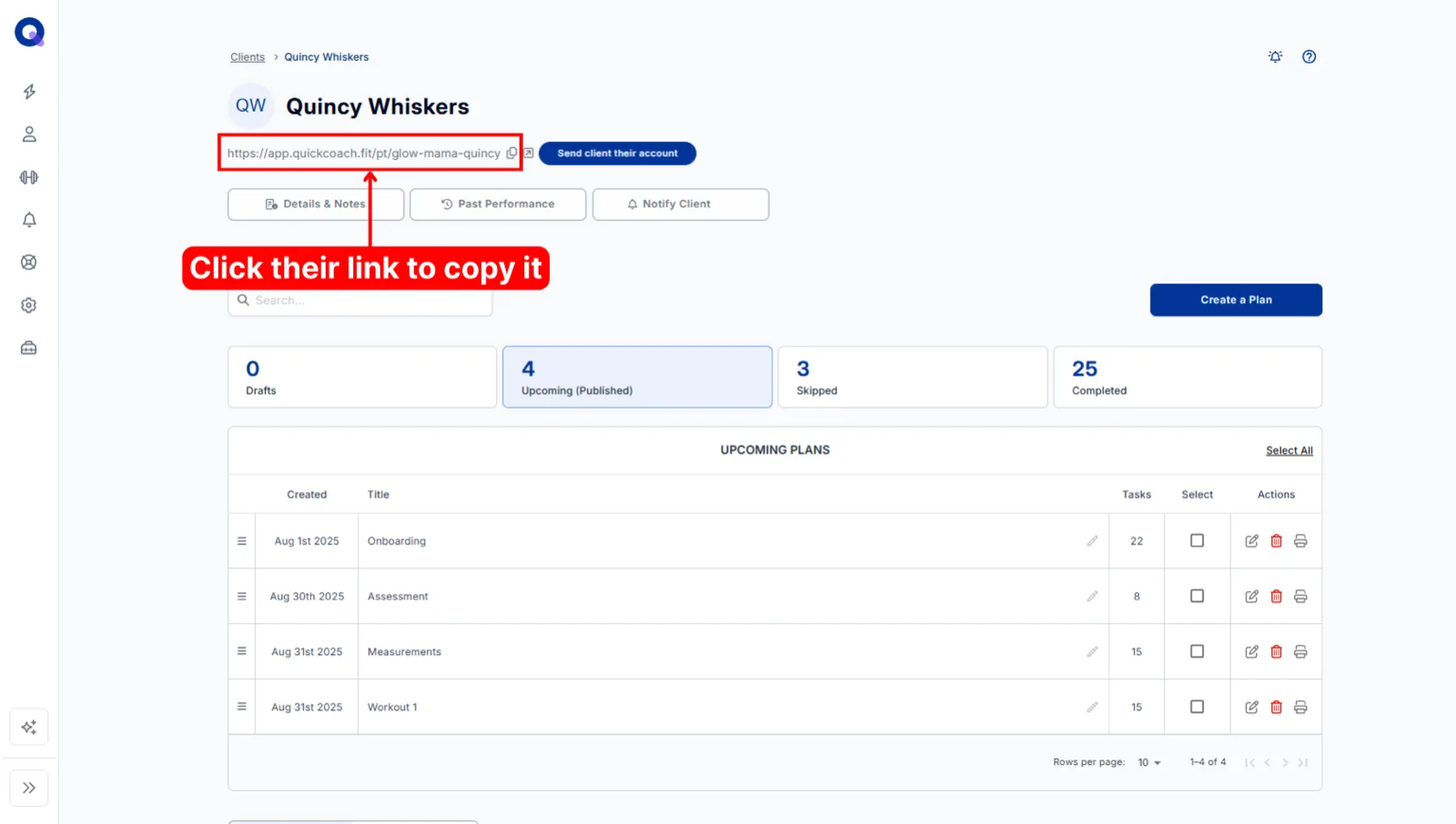 A client's account page with the client link at the top ready to copy