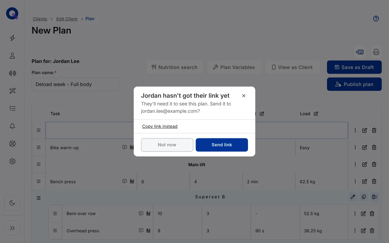 The prompt shown after publishing a plan: Jordan hasn't got their link yet, asking to send it to jordan.lee@example.com, with a Copy link instead link and Not now and Send link buttons