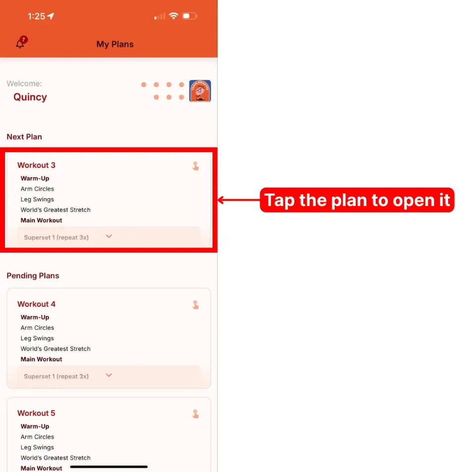 The client home page with the Next Plan highlighted and a callout to tap the plan to open it.