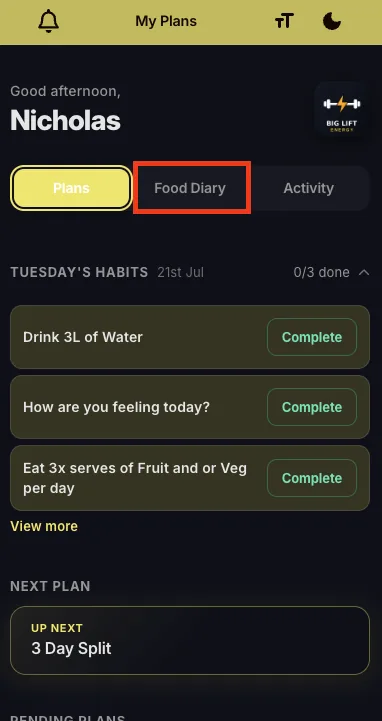 The Food Diary tab in the client app