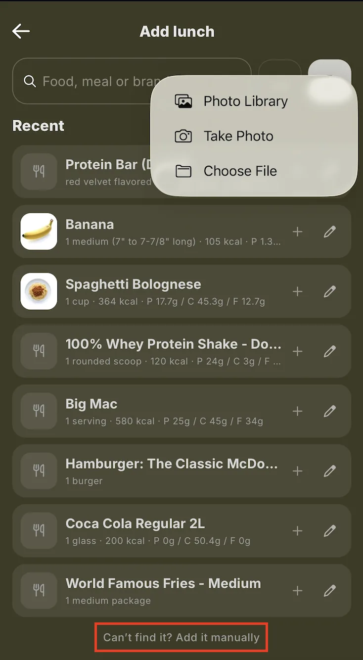 Adding a food manually in the client app