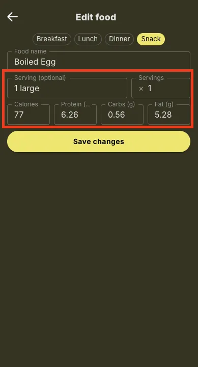 A photographed meal with estimated calories and macros ready to review