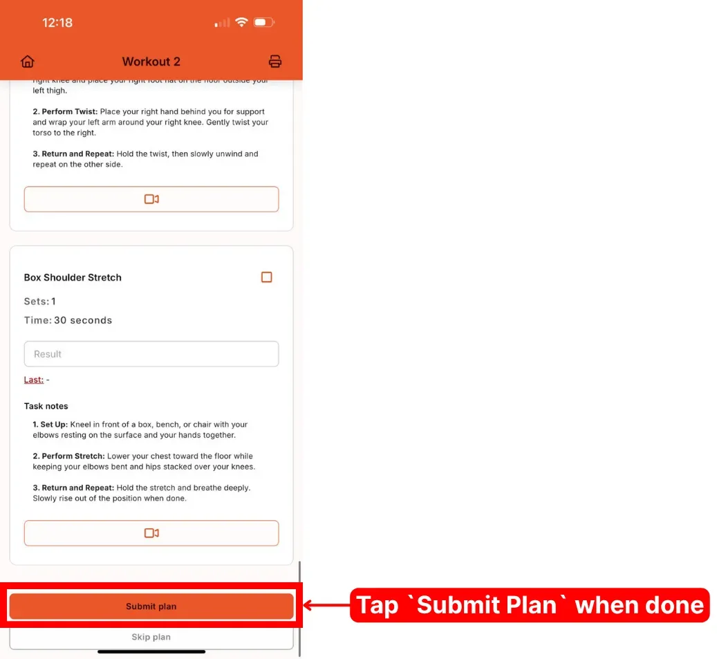 The bottom of a client's plan with the Submit plan button highlighted and a callout to tap it when done.
