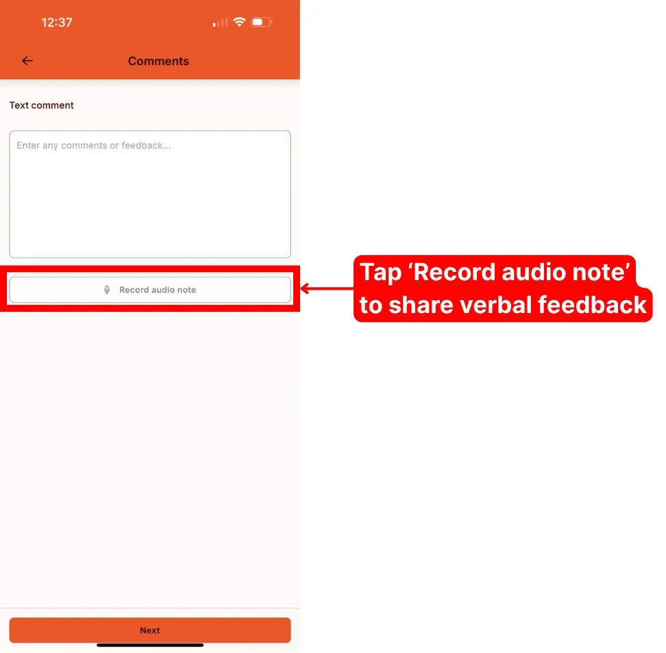 The Comments screen with the Record audio note button highlighted for leaving verbal feedback.