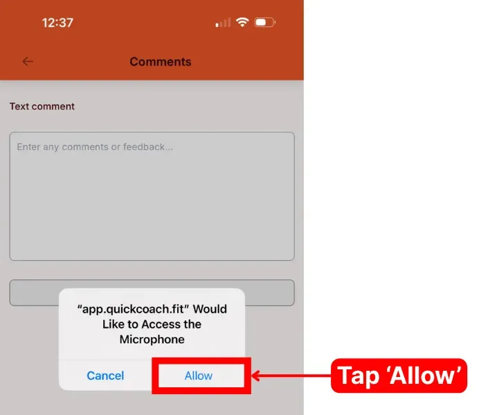 A microphone permission dialog on iPhone with the Allow button highlighted.