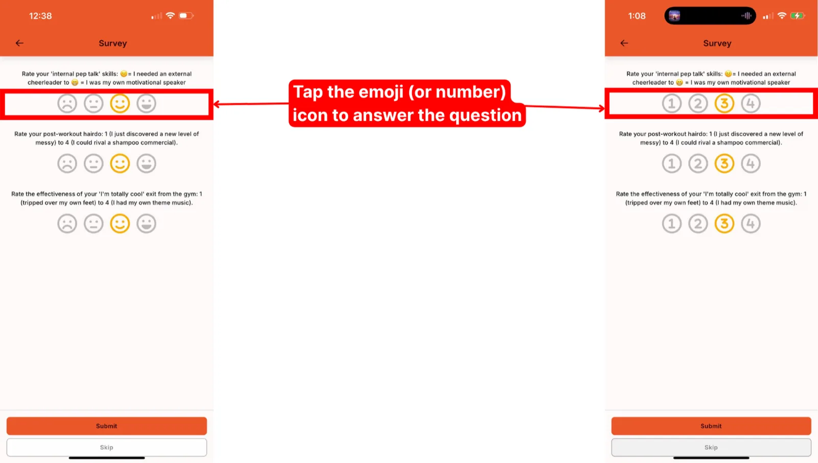 A survey screen shown with emoji rating scales on one side and matching number rating scales on the other, with a callout to tap an icon to answer.