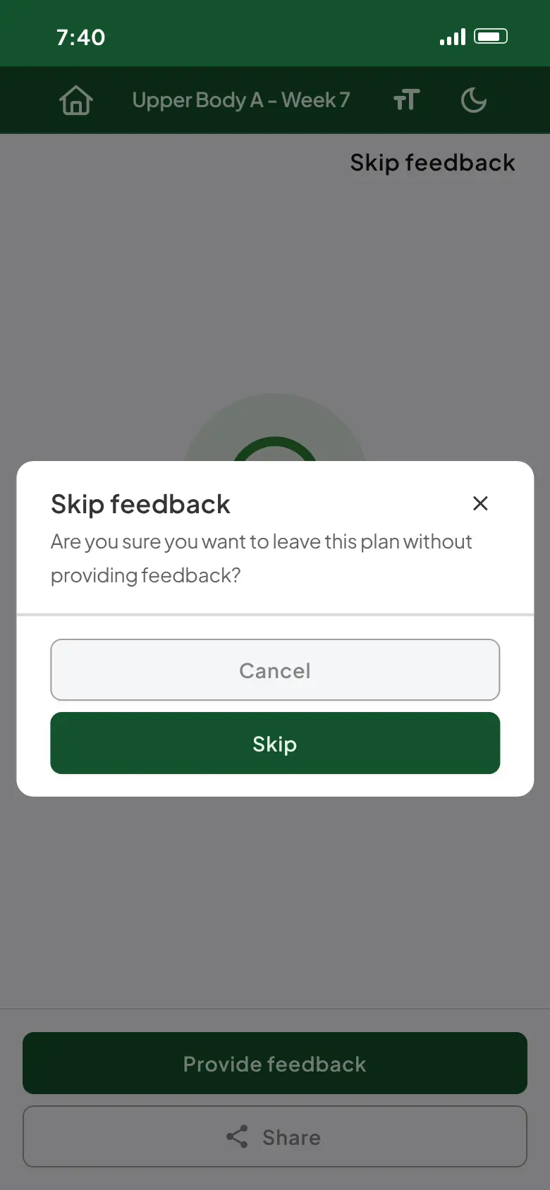 The Skip feedback confirmation asking Are you sure you want to leave this plan without providing feedback? with Cancel and Skip buttons