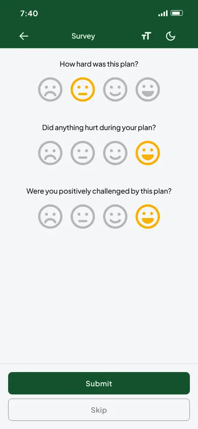 The Survey screen with three questions, each answered by tapping one of four face icons, and Submit and Skip buttons at the bottom