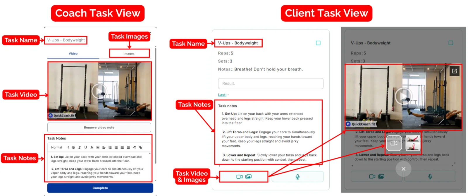 A task shown side by side in the coach view and the client view, with the name, video, notes and images labelled