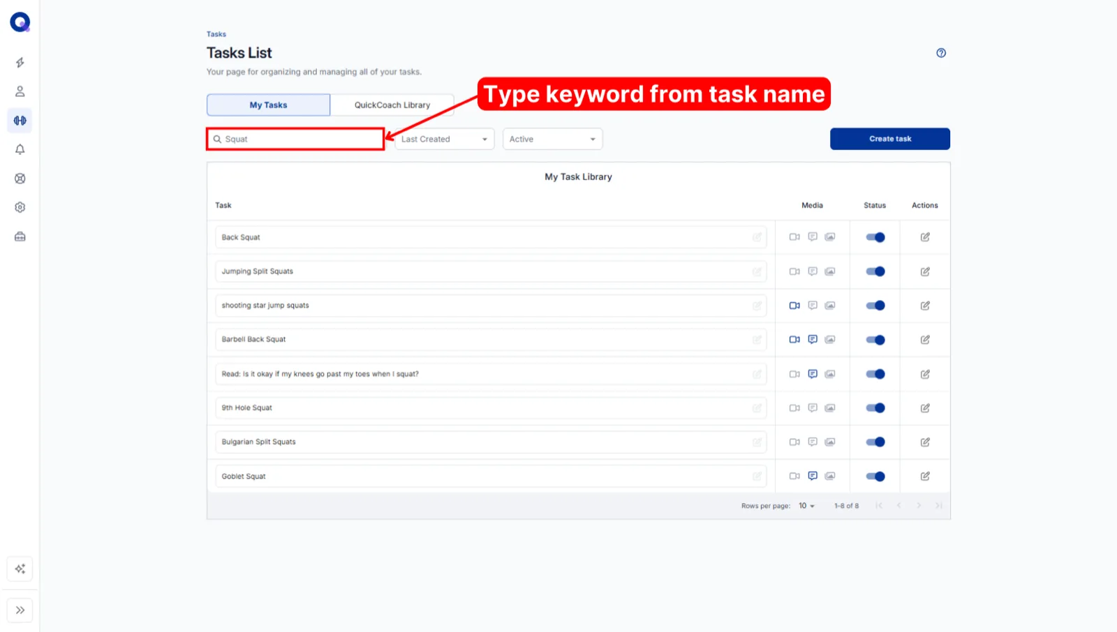 The Tasks List page with the search box above the task table