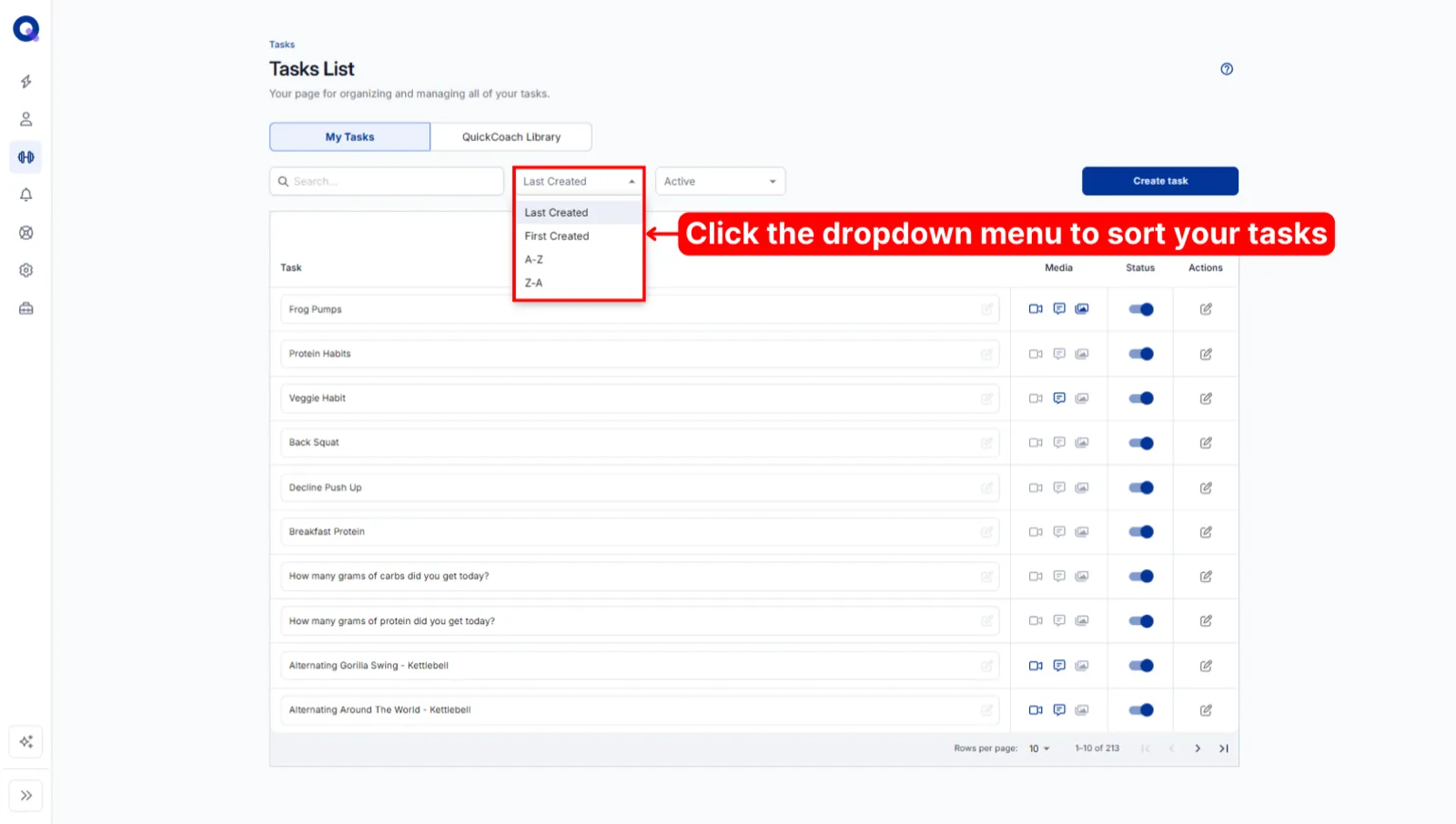 The sort dropdown open on the Tasks List, showing Last Created, First Created, A-Z and Z-A options