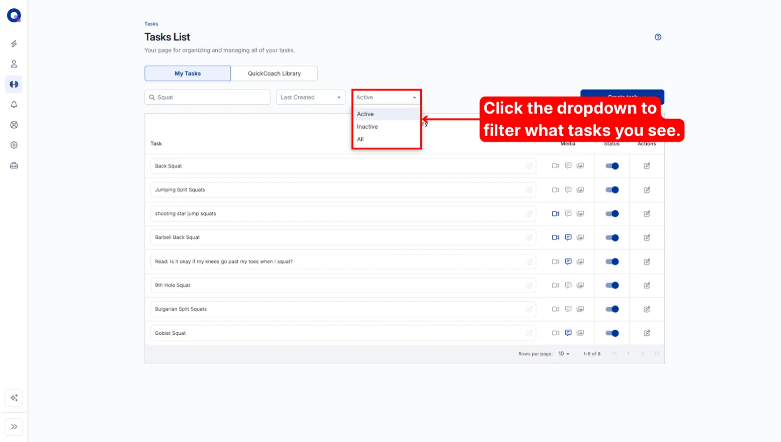The filter dropdown open on the Tasks List, showing Active, Inactive and All options