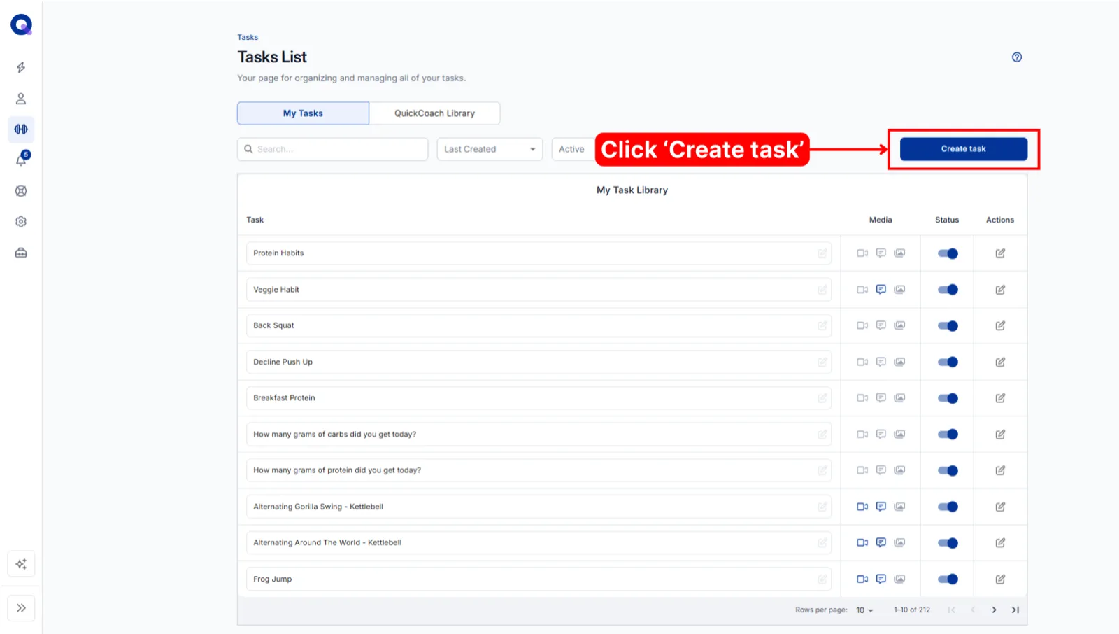 The Create task button at the top right of the Tasks List