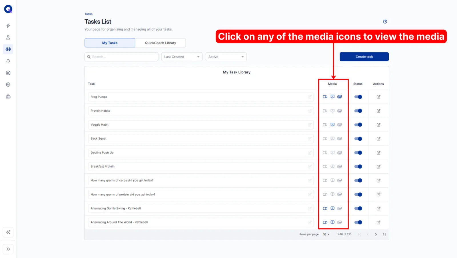 The Media column of the Tasks List highlighted, with video, description and image icons on each task