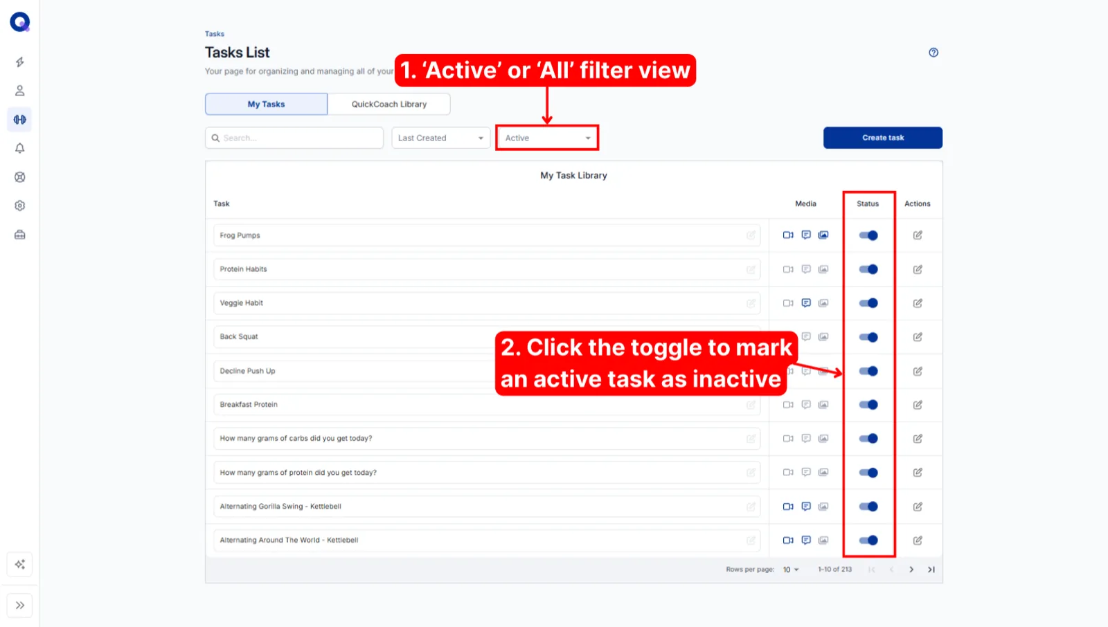The Status column of the Tasks List with a blue toggle switched on for each active task