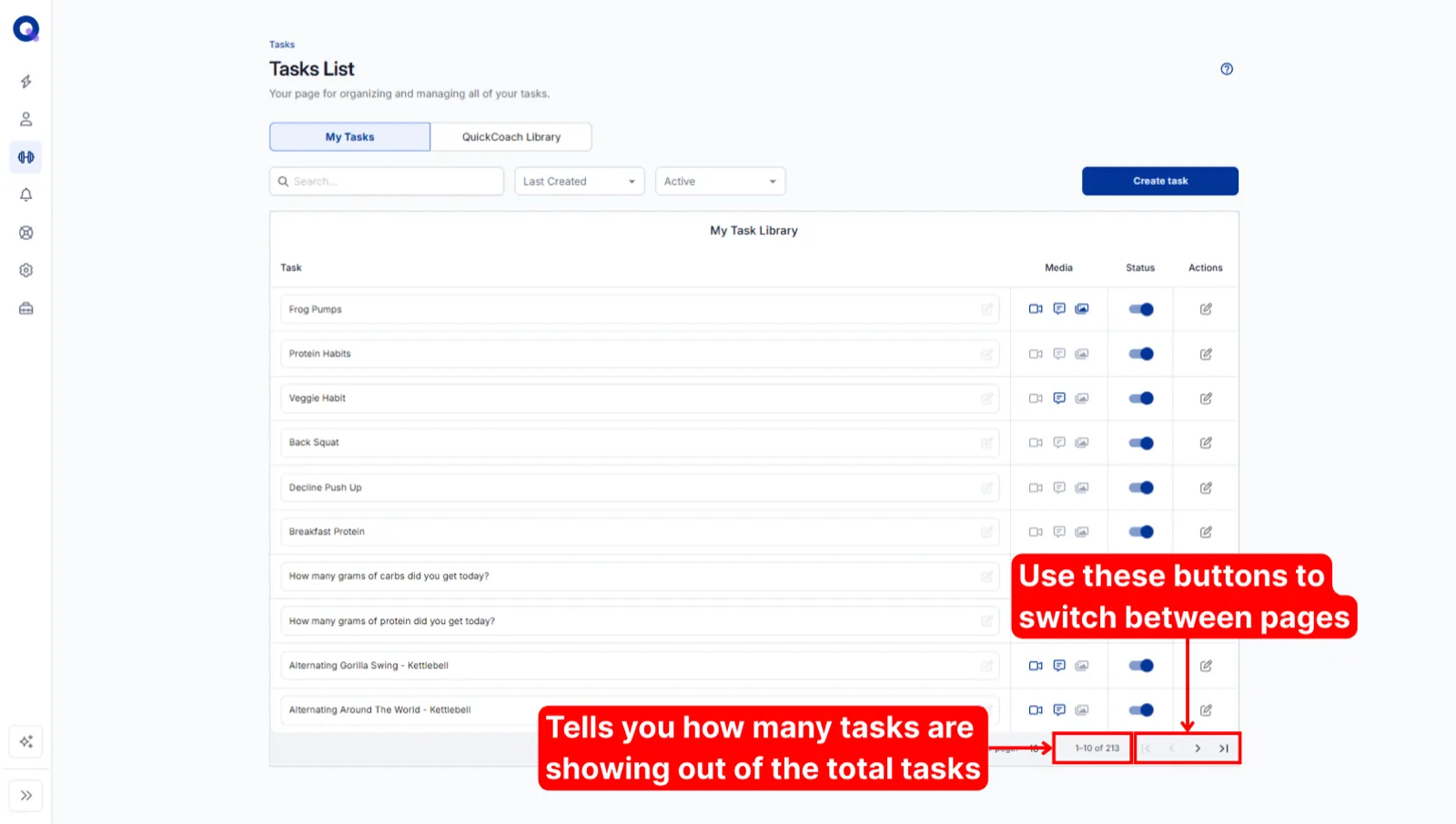 The Rows per page control and page navigation arrows at the bottom of the Tasks List