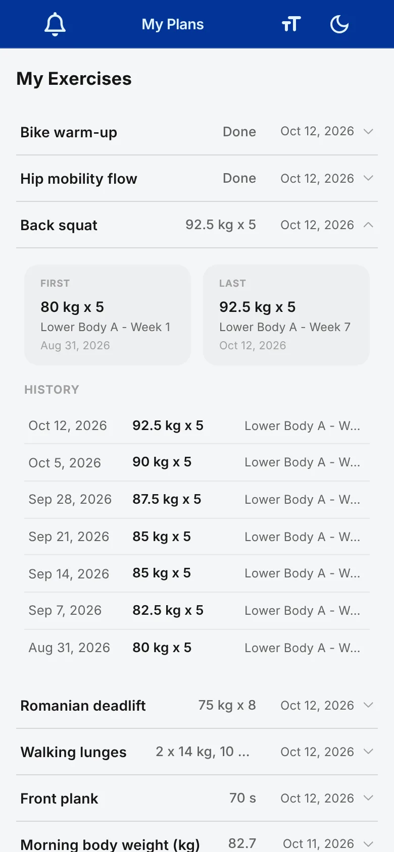 Further down the Activity tab: the My Exercises list, with Back squat opened to show its first and last result and a history of results by date