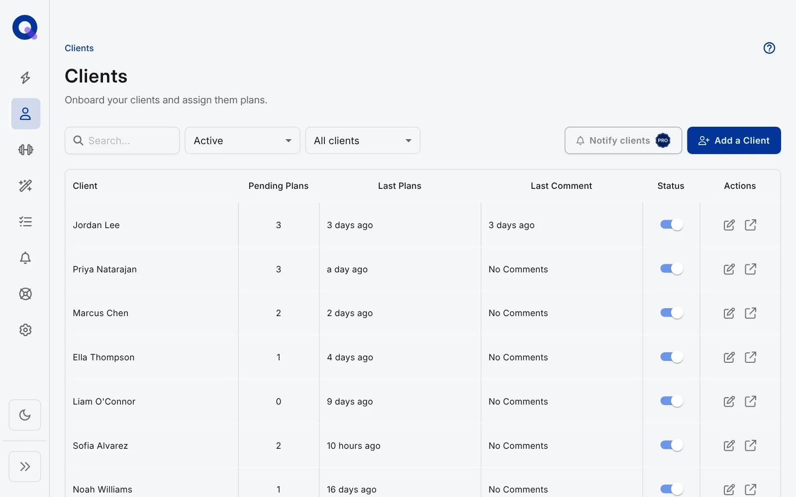 The Clients page with a search box, the Active status filter, the All clients group filter, Notify clients and Add a Client buttons, and a roster table with Client, Pending Plans, Last Plans, Last Comment, Status and Actions columns