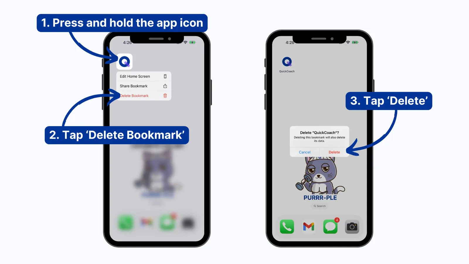 Uninstalling the QuickCoach app on iPhone by holding the icon and tapping Delete Bookmark, then Delete