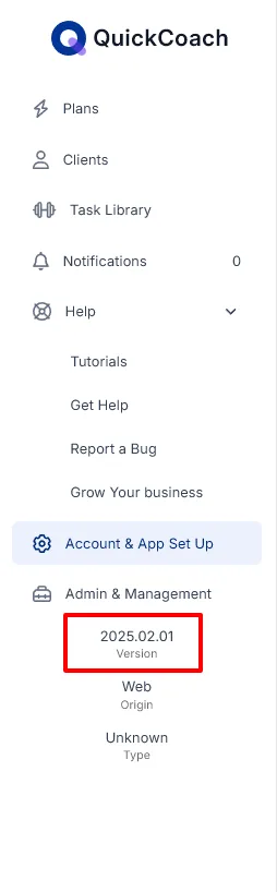 The QuickCoach menu with the version number highlighted at the bottom