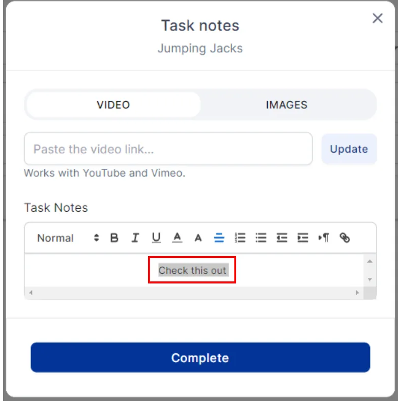 Text highlighted inside the notes editor ready to be linked