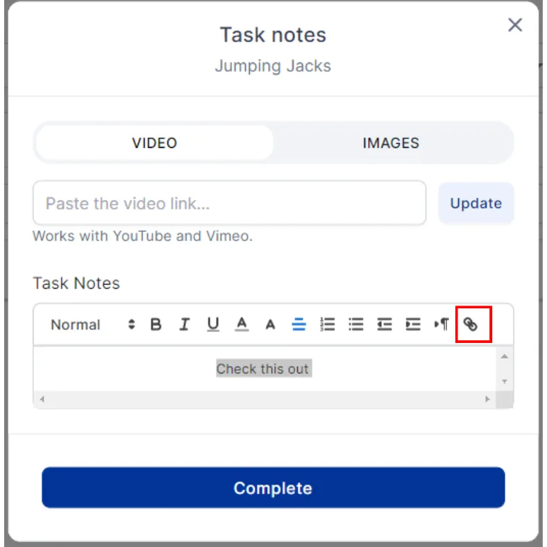 The notes editor toolbar with the hyperlink button highlighted