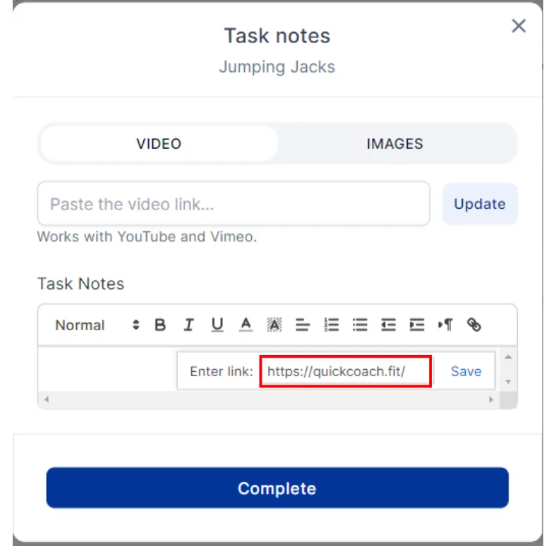 The link field with a web address entered and a Save button