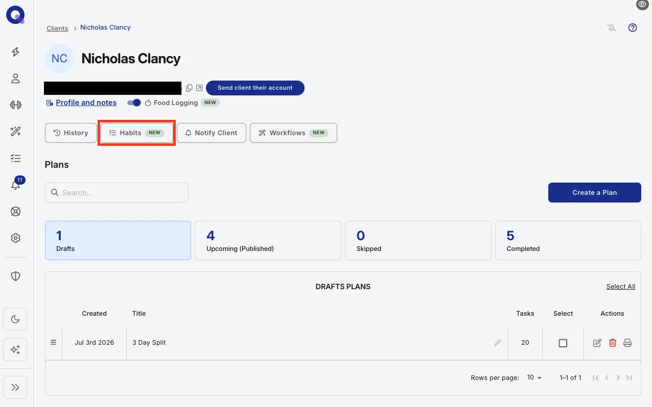 The Habits tab open on a client's profile