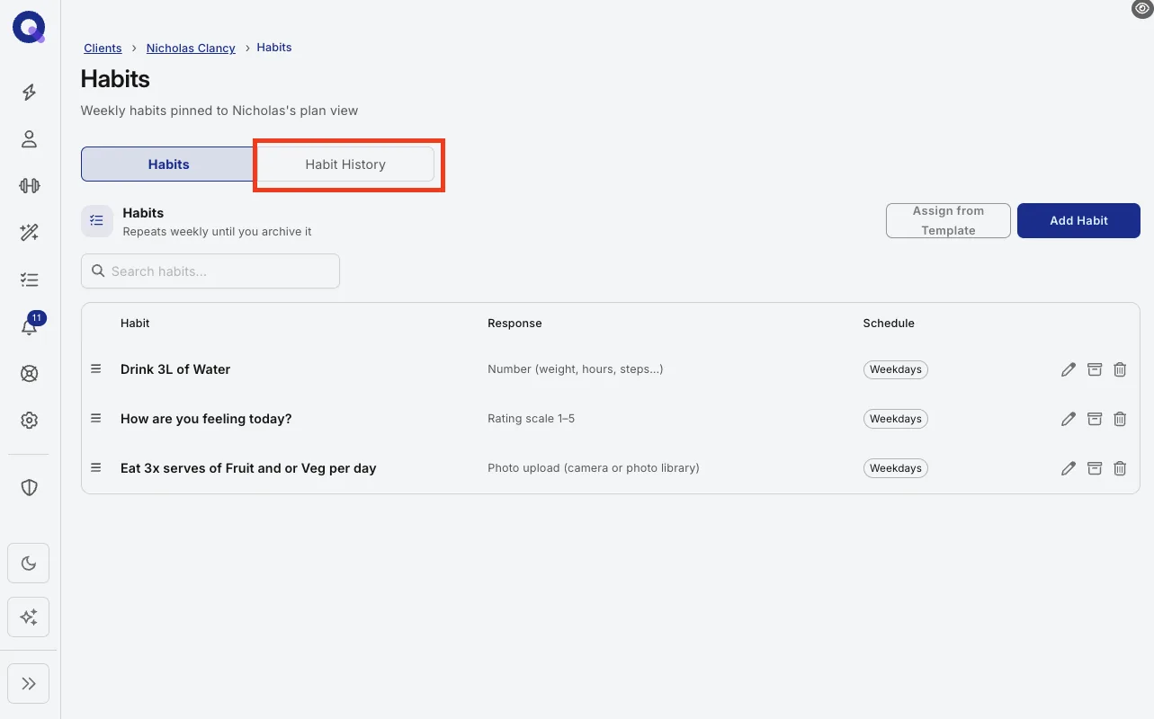 The Habit History view being opened from the Habits tab