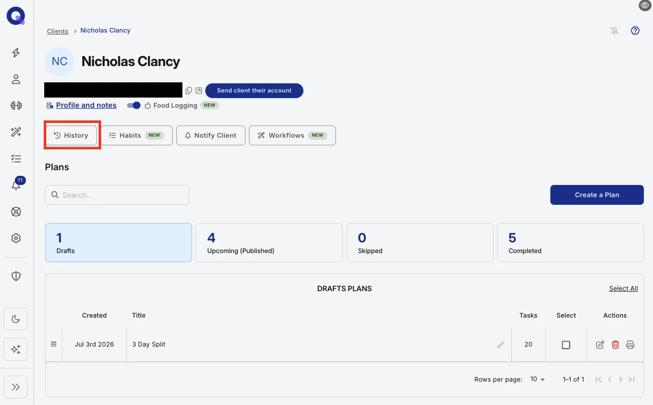 The Clients page with a client being selected from the roster