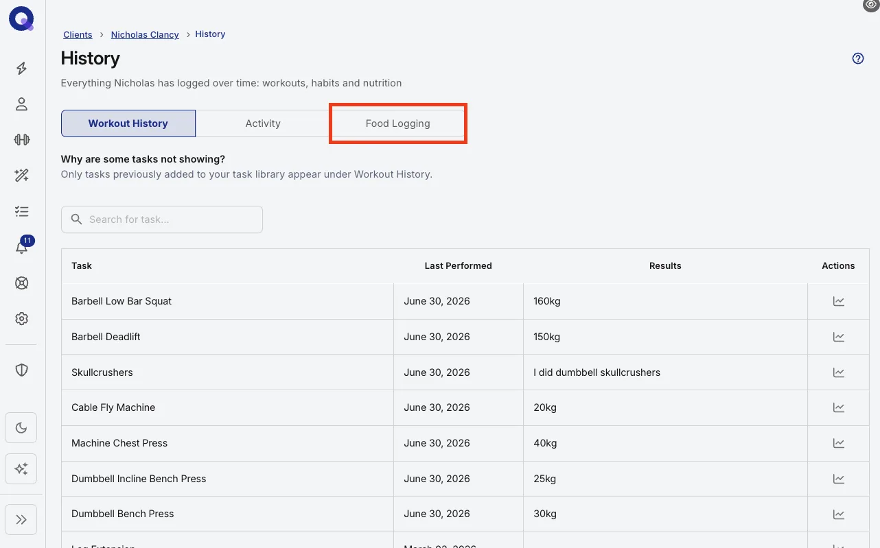 The History tab on a client's profile