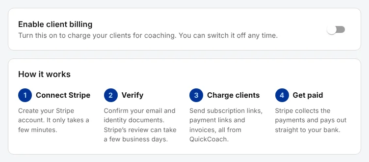 The Client Billing section of Account Settings, with the 'Enable client billing' switch and four steps: Connect Stripe, Verify, Charge clients and Get paid