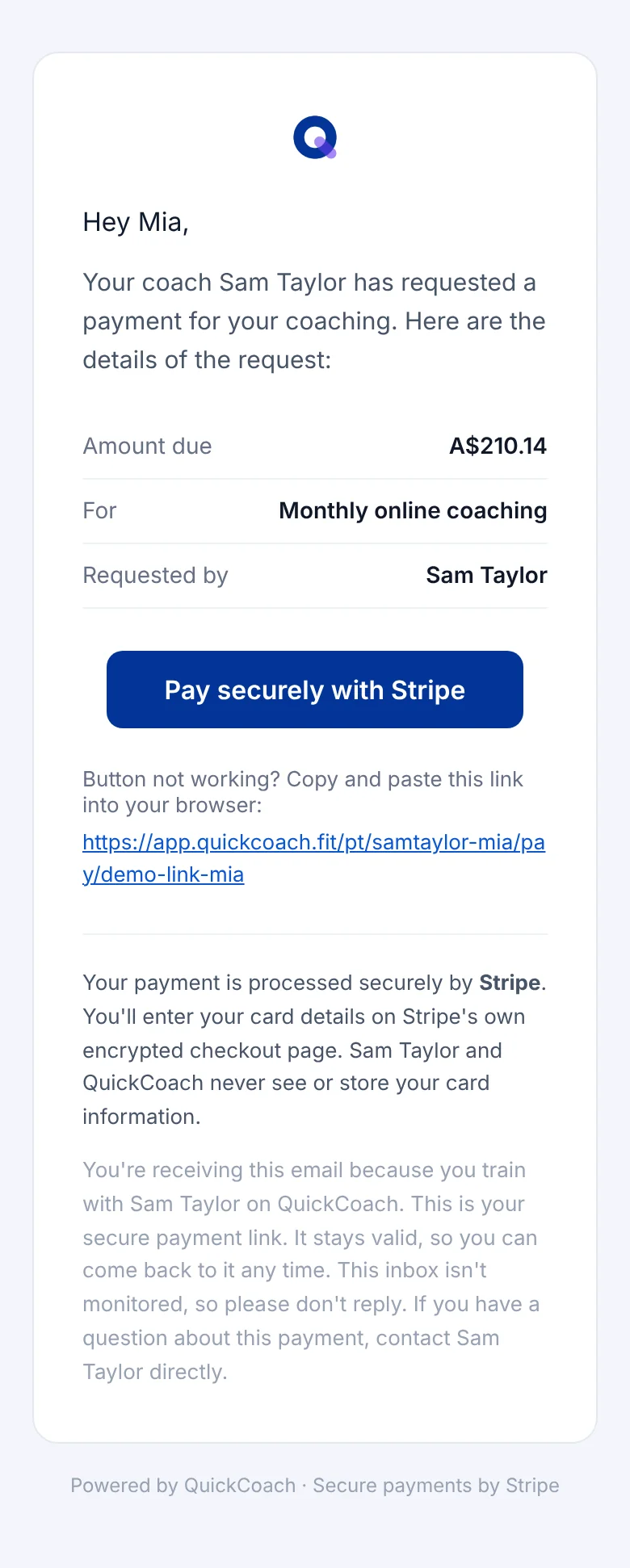 The payment request email on a phone, greeting Mia and showing the amount due of A$210.14, what it's for, who requested it, and the 'Pay securely with Stripe' button