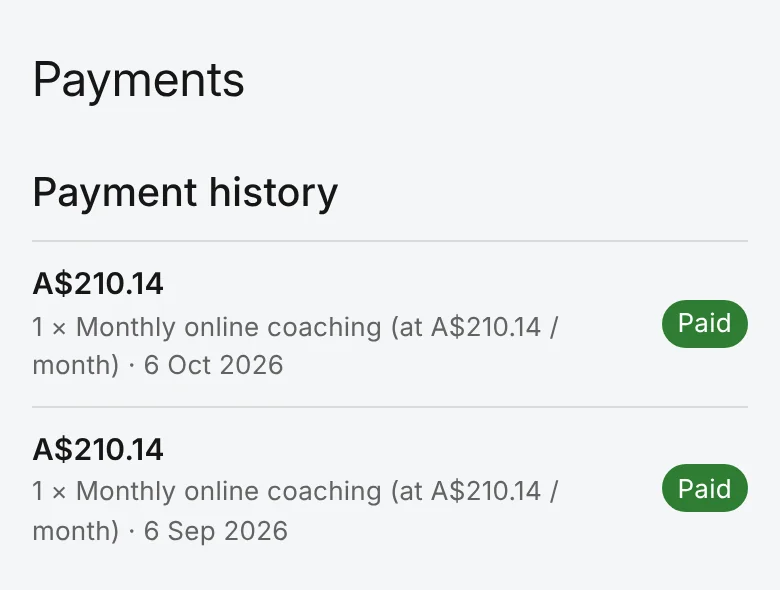 The client's Payments page on a phone, listing two paid payments for Monthly online coaching with their dates