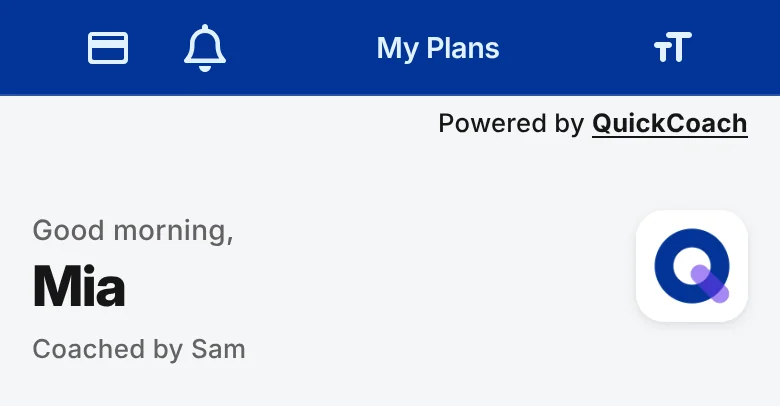 The top of the client's My Plans page on a phone, with a card icon in the header next to the notifications bell