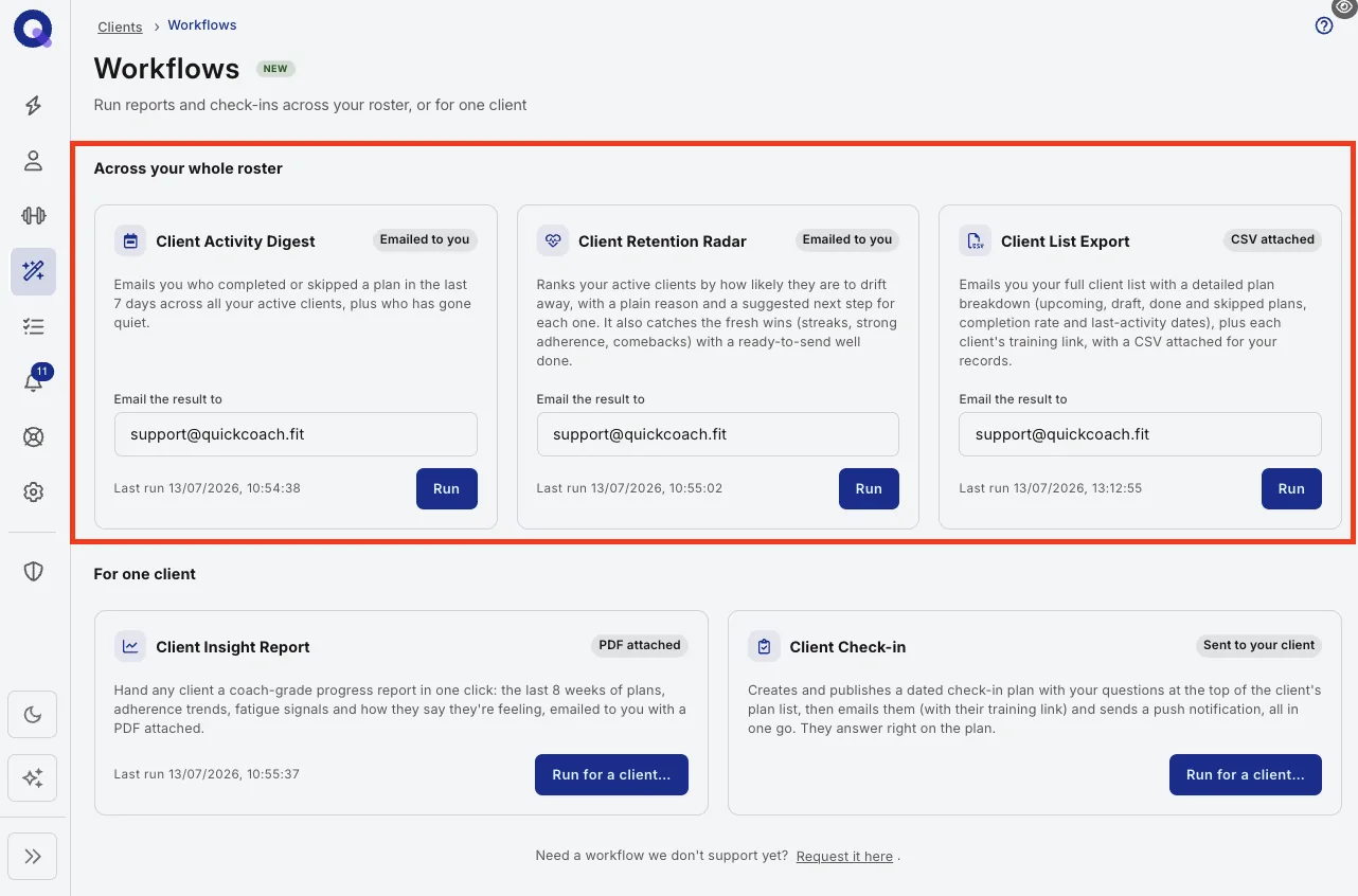 The three roster-wide workflows on the Workflows page, each with an email field and Run button
