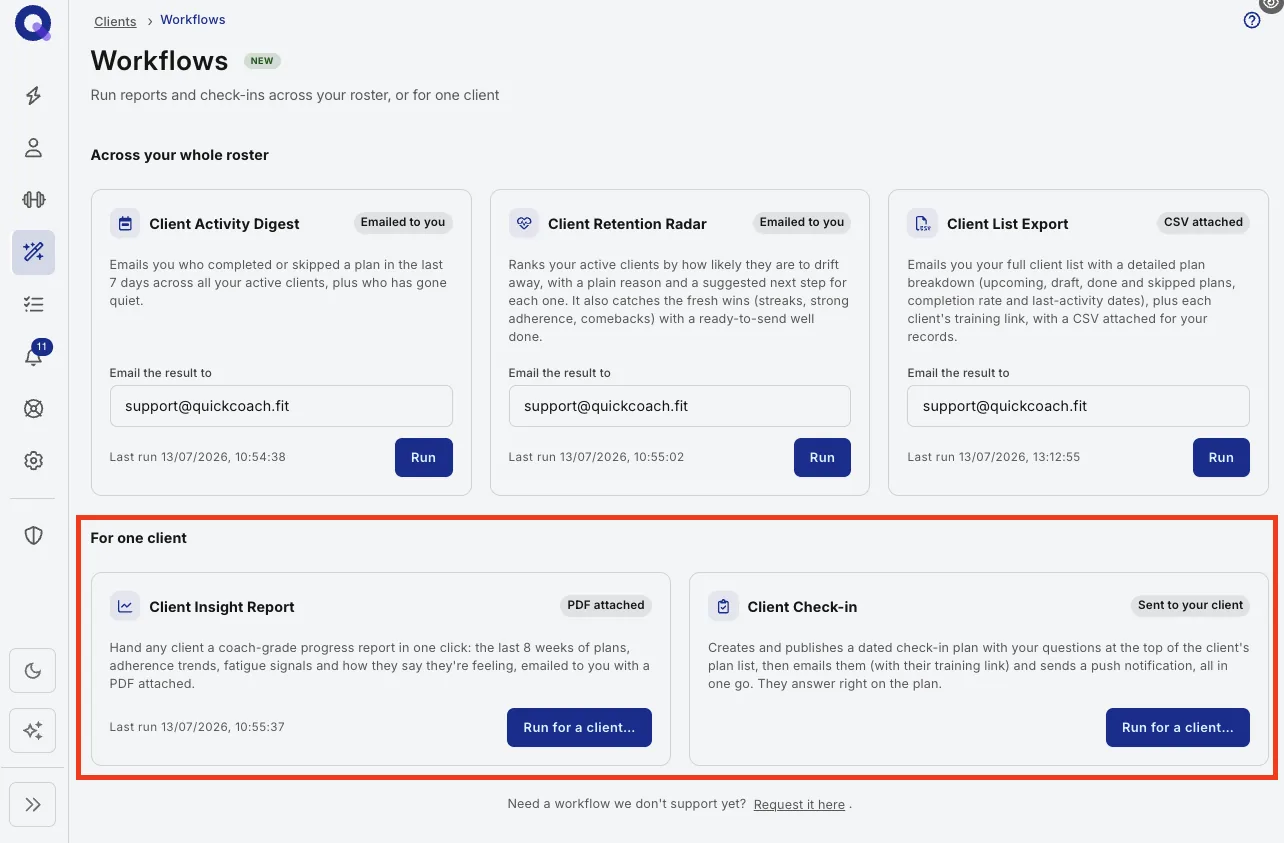 The two single-client workflows, Client Insight Report and Client Check-in, each with a Run for a client button