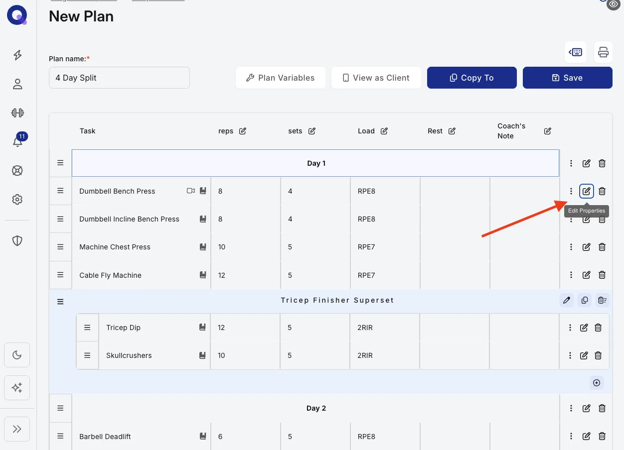 A task row in the plan builder with the notes icon highlighted
