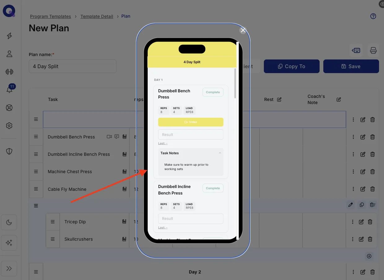 The client's view of the task showing the saved note under Task Notes